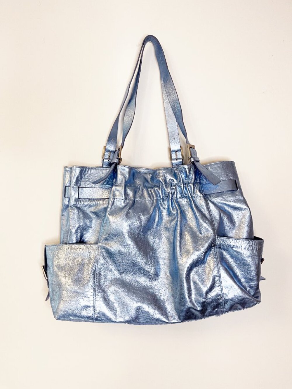 Marshall Fields Metallic Blue Shoulder Bag Y2K Slouchy Tote Silver Blue Purse